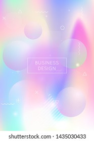 Fluid shapes background with liquid dynamic elements. Holographic bauhaus gradient with memphis. Graphic template for placard, presentation, banner, brochure. Iridescent fluid shapes background.