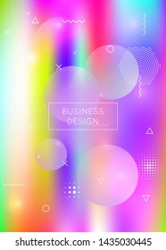 Fluid shapes background with liquid dynamic elements. Holographic bauhaus gradient with memphis. Graphic template for brochure, banner, wallpaper, mobile screen. Vibrant fluid shapes background.