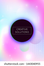 Fluid shapes background with liquid dynamic elements. Holographic bauhaus gradient with memphis. Graphic template for brochure, banner, wallpaper, mobile screen. Trendy fluid shapes background.