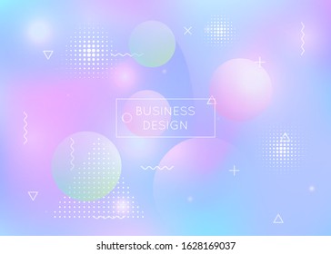 Fluid shapes background with liquid dynamic elements. Holographic bauhaus gradient with memphis. Graphic template for brochure, banner, wallpaper, mobile screen. Trendy fluid shapes background.