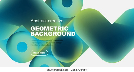 Fluid shapes blend, creating vibrant geometric background. Text overlay invites further exploration. Modern design elements present.