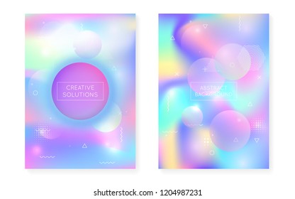 Fluid shapes cover with liquid dynamic background. Holographic bauhaus gradient with memphis. Graphic template for book, annual, mobile interface, web app. Rainbow fluid shapes cover.