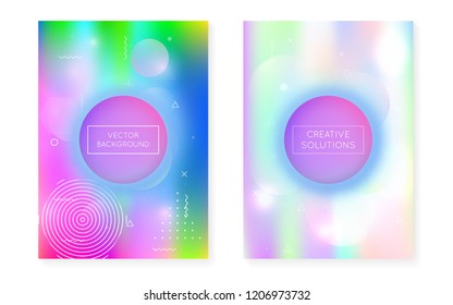 Fluid shapes cover with liquid dynamic background. Holographic bauhaus gradient with memphis. Graphic template for brochure, banner, wallpaper, mobile screen. Rainbow fluid shapes cover.