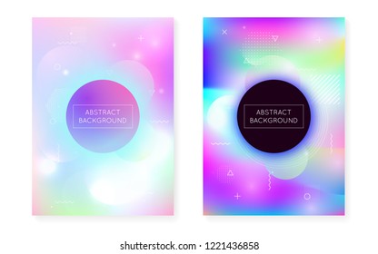 Fluid shapes cover with liquid dynamic background. Holographic bauhaus gradient with memphis. Graphic template for placard, presentation, banner, brochure. Iridescent fluid shapes cover.