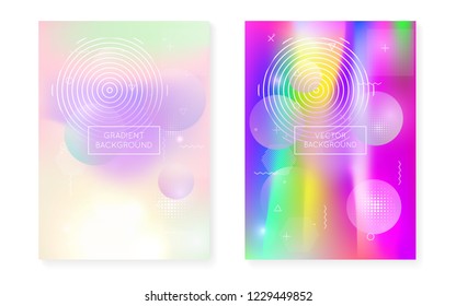 Fluid shapes cover with liquid dynamic background. Holographic bauhaus gradient with memphis. Graphic template for flyer, ui, magazine, poster, banner and app. Vibrant fluid shapes cover.