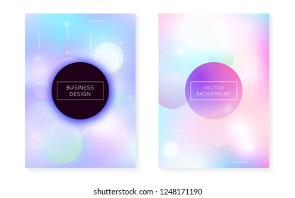 Fluid shapes cover with liquid dynamic background. Holographic bauhaus gradient with memphis. Graphic template for brochure, banner, wallpaper, mobile screen. Iridescent fluid shapes cover.