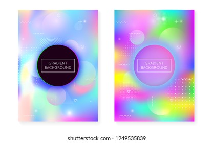 Fluid shapes cover with liquid dynamic background. Holographic bauhaus gradient with memphis. Graphic template for book, annual, mobile interface, web app. Fluorescent fluid shapes cover.