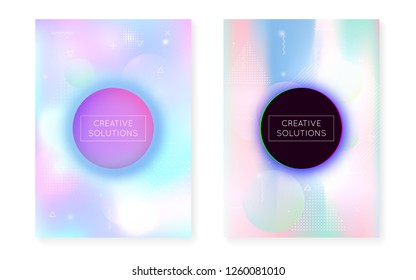 Fluid shapes cover with liquid dynamic background. Holographic bauhaus gradient with memphis. Graphic template for brochure, banner, wallpaper, mobile screen. Rainbow fluid shapes cover.