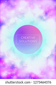 Fluid shapes cover with liquid dynamic background. Neon bauhaus background with fluorescent purple. Graphic template for brochure, banner, wallpaper, mobile screen. Sunburst fluid shapes cover.