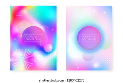 Fluid shapes cover with liquid dynamic background. Holographic bauhaus gradient with memphis. Graphic template for placard, presentation, banner, brochure. Pearlescent fluid shapes cover.