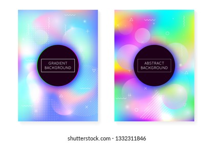 Fluid shapes cover with liquid dynamic background. Holographic bauhaus gradient with memphis. Graphic template for placard, presentation, banner, brochure. Multicolor fluid shapes cover.