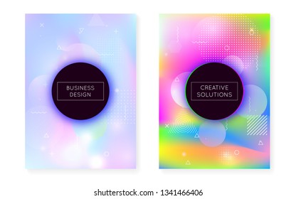 Fluid shapes cover with liquid dynamic background. Holographic bauhaus gradient with memphis. Graphic template for placard, presentation, banner, brochure. Fluorescent fluid shapes cover.