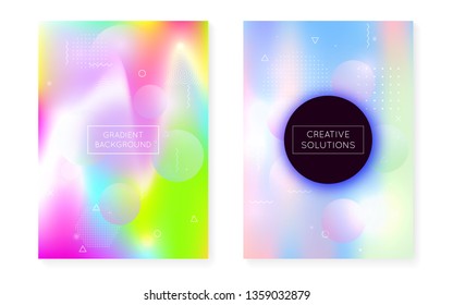 Fluid shapes cover with liquid dynamic background. Holographic bauhaus gradient with memphis. Graphic template for placard, presentation, banner, brochure. Vibrant fluid shapes cover.