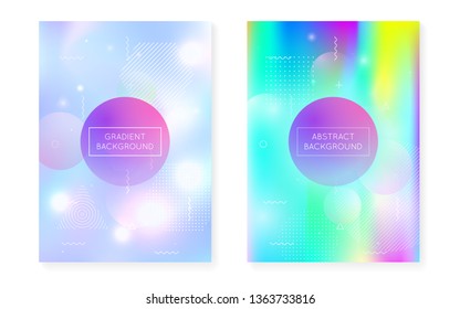 Fluid shapes cover with liquid dynamic background. Holographic bauhaus gradient with memphis. Graphic template for flyer, ui, magazine, poster, banner and app. Fluorescent fluid shapes cover.