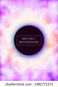 Fluid shapes cover with liquid dynamic background. Neon bauhaus background with fluorescent purple. Graphic template for flyer, ui, magazine, poster, banner and app. Dazzling fluid shapes cover.