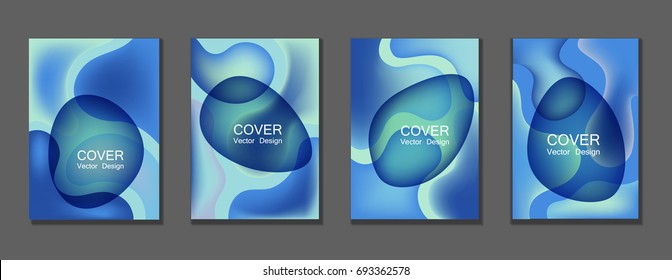Fluid shapes covers backgrounds set in blue. Bubble shapes with liquid background gradients. Trendy A4 design applicable for gift card, fashion cover, party poster. Eps10 vector.