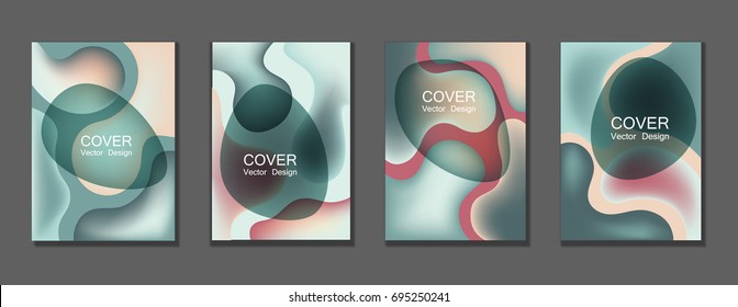 Fluid shapes covers backgrounds set in trendy colors. Bubble shapes with liquid background gradients. Trendy A4 design applicable for gift card, fashion cover, party poster. Eps10 vector.