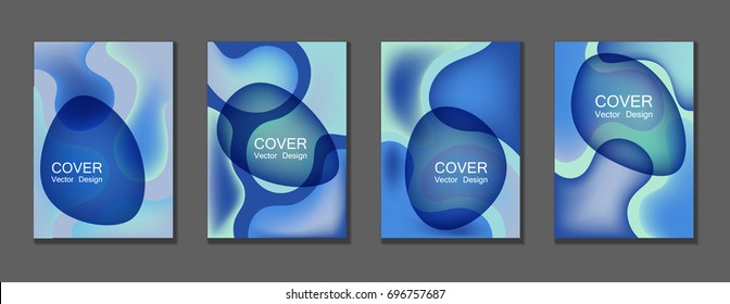 Fluid shapes covers backgrounds set in cyan blue. Bubble shapes with liquid background gradients. Trendy A4 design applicable for gift card, fashion cover, educational poster. Eps10 vector.