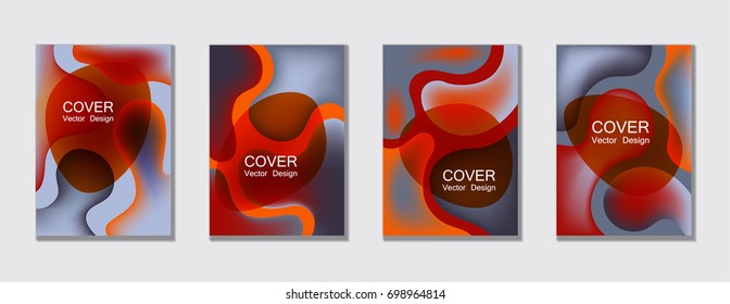 Fluid shapes covers backgrounds set in red and grey. Trendy fluid bubble shapes with liquid background gradients. A4 design applicable for gift card, fashion cover, party poster. Trendy vector.