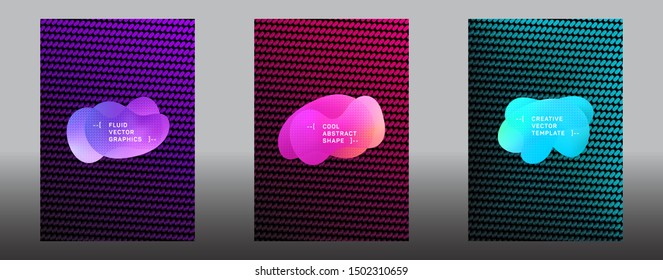 Fluid shapes covers set with halftone pattern. Vector geometric gradient shapes overlap covers design. Abstract shapes composition templates in pink green purple  colors.