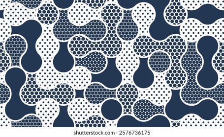 Fluid shapes dynamic seamless pattern, vector molecules endless abstract background, graphic style liquid in motion tiling wallpaper.