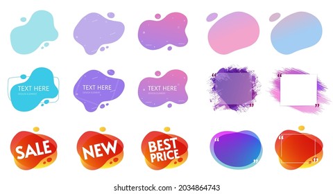 Fluid shapes liquid design vector and gradient splash graphics for quotes copy space frames template collection in grunge paint backgrounds, set of sale best price and new product tags labels isolated
