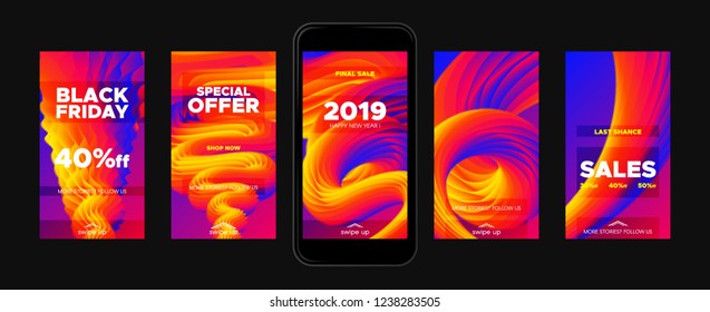 Fluid Shapes Movement. Stories Templates Set with Gradient. 2019 New Year Sales Promotion. Trendy Colorful Fluid Poster for Social Media. Mobile Phone Screen Wallpaper Set with Abstract Fluid Waves.
