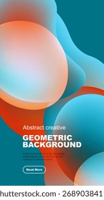 As formas de fluido se sobrepõem, criando gradientes de cores vibrantes. O design moderno apresenta tons de laranja, azul escuro e azul no fundo preto. Estética minimalista.