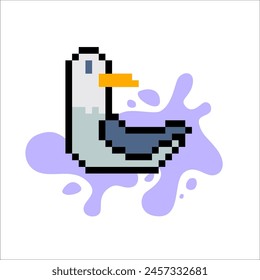 Fluid shapes and pixel Y2k retro sticker with seagull. Funny art. Hand drawn shapes and pixelated bird. Balloon abstract shapes and 8bit icons in trendy retro style. Kids Print for cover, T-shirt, web