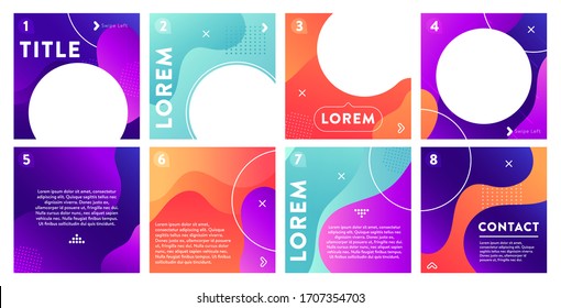 Fluid shapes post template. Colorful abstract trendy social media photo frames posts. Square size gradient color mix of Purple, Turquoise, Orange.