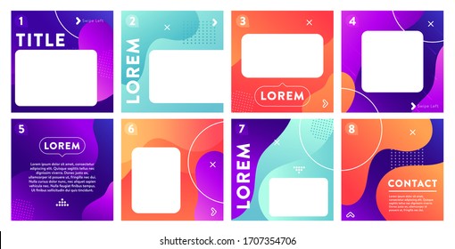 Fluid Shapes Post Template. Colorful Abstract Trendy Social Media Photo Frames Posts. Square Size Gradient Color Mix Of Purple, Turquoise, Orange.