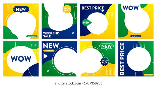 Fluid shapes post template. Colorful abstract trendy social media photo frames. Creative background with 
Brazil flag colors.