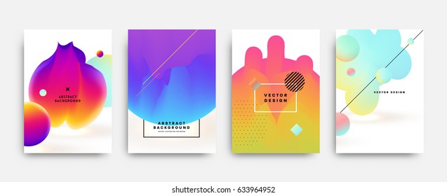 Capas de cartaz de formas fluidas definidas com modernas cores de fundo hipster e memphis. Composição futurista. Modelos vetoriais EPS10 para cartazes, banners, folhetos, apresentações e relatórios anuais.