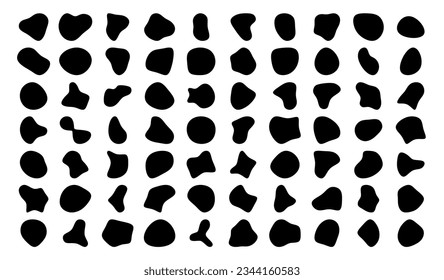 Fluid shapes. Random color blotch, blobs abstract organic shapes. Pebble, drop amoeba stone amorphous silhouettes. Inkblot stain 90s texture vector set. Asymmetric unique isometric objects