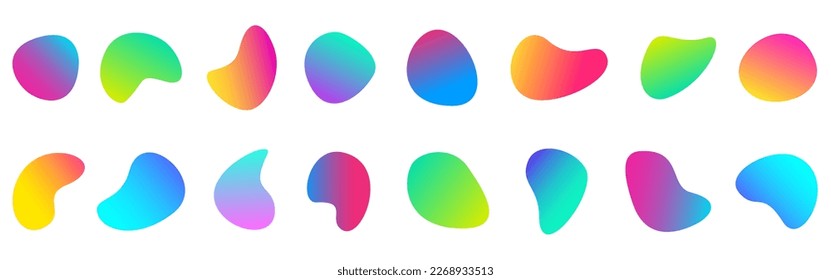 Fluid shapes set. Color gradient elements. Bright liquid splashes on white backdrop. Colored forms collection. Creative bubbles isolated. Vector illustration.