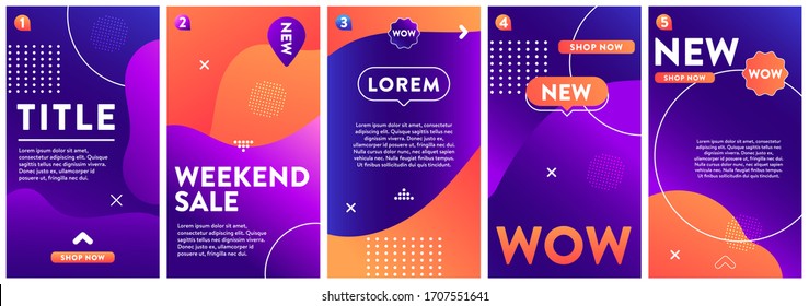 Fluid shapes stories template. Colorful abstract trendy social media posts. Vertical gradient color mix of Purple, Blue, Orange.