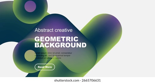 Formas fluidas, colores vibrantes crean un fondo geométrico moderno. La superposición de texto promueve una mayor exploración. El diseño se siente dinámico, fresco.