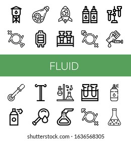 fluid simple icons set. Contains such icons as Water tower, Gender fluid, Flask, Blood transfusion, Lava lamp, Ink, Test tube, Blood test, can be used for web, mobile and logo