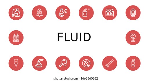 fluid simple icons set. Contains such icons as Spray, Lava lamp, Flask, Sprays, Blood transfusion, Intravenous saline drip, Blood test, Ink, can be used for web, mobile and logo