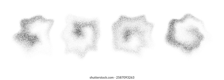 Fluid stippled gradient drop shapes. Grainy spray spots and stains. Black dotted liquid object set. Noise splashes and splatters forms. Dissolve sand dust texture. Vector fading halfton elements