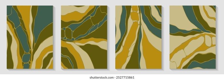 Fluid stone pattern background design vector set. Vibrant covers. Puzzle structure postcard cover page templates. Epoxy vaporwave collage. Contemporary publication backgrounds.