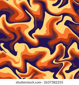 A fluid, swirling abstract background in shades of orange, yellow, and deep blue or purple.