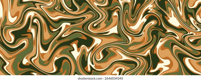 A fluid, swirling liquid marble pattern. It uses an earthy color palette of olive green, sienna, tan, and off white.