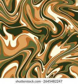 Um padrão fluido e giratório que lembra tinta marmoreada ou pedra de ágata. A paleta de cores consiste em tons terrosos, incluindo verde-oliva profundo, vários tons de marrom e bronzeado, e um cremoso de branco.