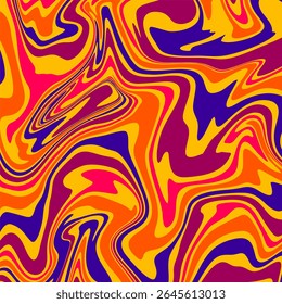 Um padrão fluido e em espiral que se mescla em cores brilhantes e em negrito, incluindo tons de laranja, amarelo, roxo e rosa.
