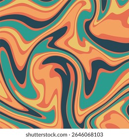 A fluid, swirling shapes and a retro color palette, combining warm tones of orange and yellow with cool shades of teal and dark blue, evoking a groovy, 1970s aesthetic.