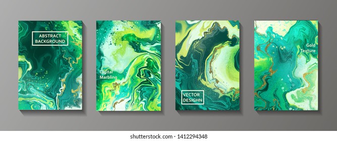 Fluid textures set. Abstract background of liquid colors. Set of vector cards for print and web design. Marble and gold texture.