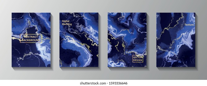 Fluid textures set with silver fibres. Abstract marble background of liquid colors and waves. Set of vector cards for print and web design. 