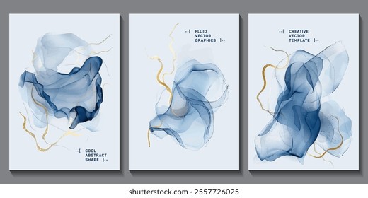 Fluid translucent shapes in shades of blue, accented with golden lines abstract vector graphics. Business brochure covers collection. Artistic banner templates.