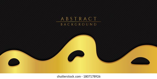El flujo de ondas fluidas forma el diseño de oro de lujo con fondo negro patrón. ilustración vectorial.